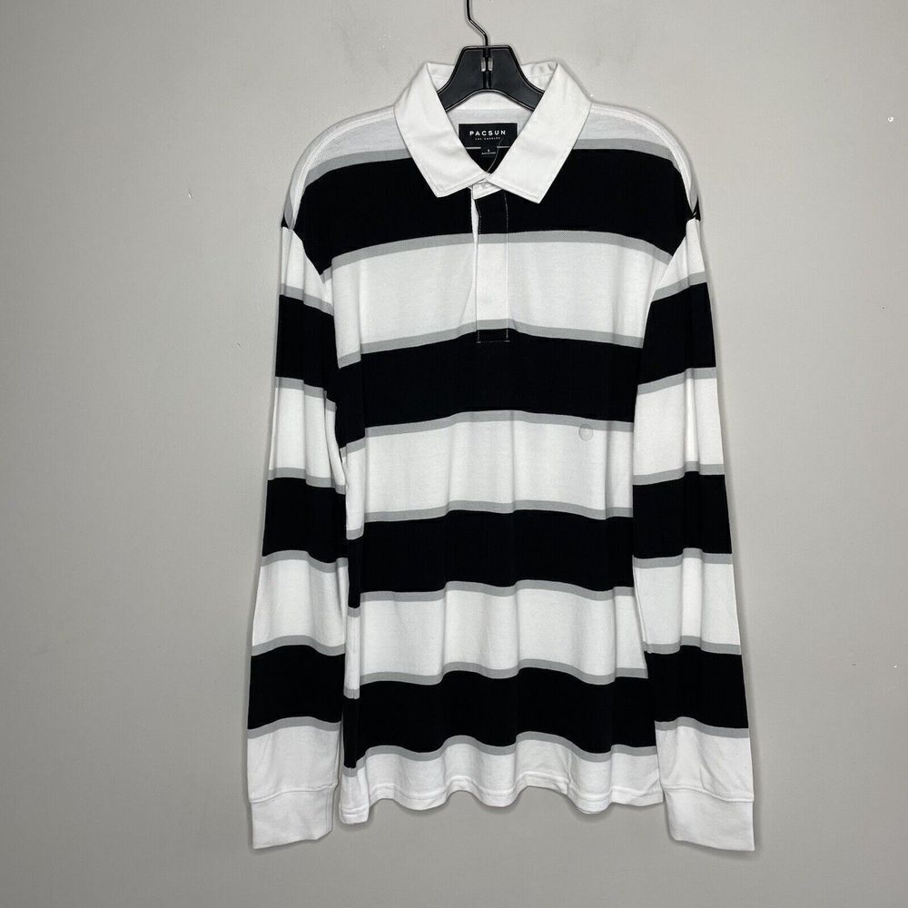 PACSUN Mens Black White Rugby Stripe Polo Shirt NEW Long-Sleeve Cotton Small S
